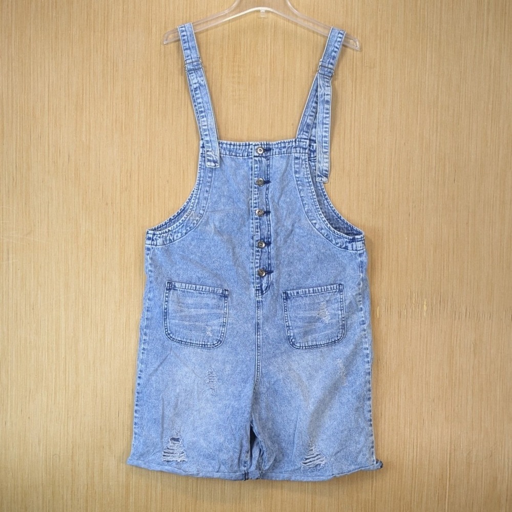 Easel Los Angeles Distressed Acid Wash Denim Shortalls Overalls Blue Womens S